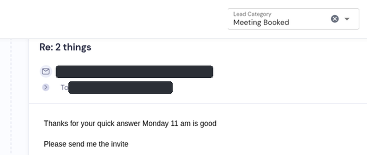 Smartlead inbox screenshot of a real prospect reply, details redacted