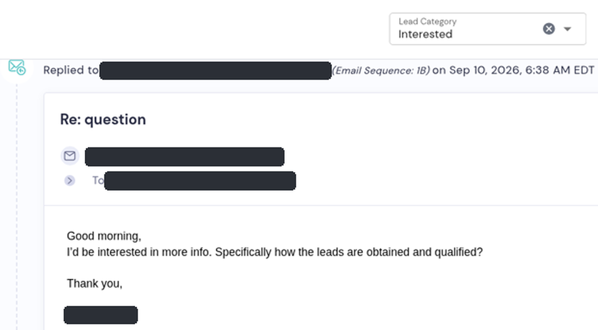 Smartlead inbox screenshot of a real prospect reply, details redacted