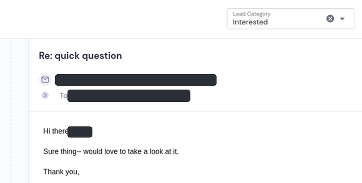 Smartlead inbox screenshot of a real prospect reply, details redacted